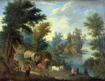 Eine bewaldete Flusslandschaft mit Reisenden von Peeter van Bredael